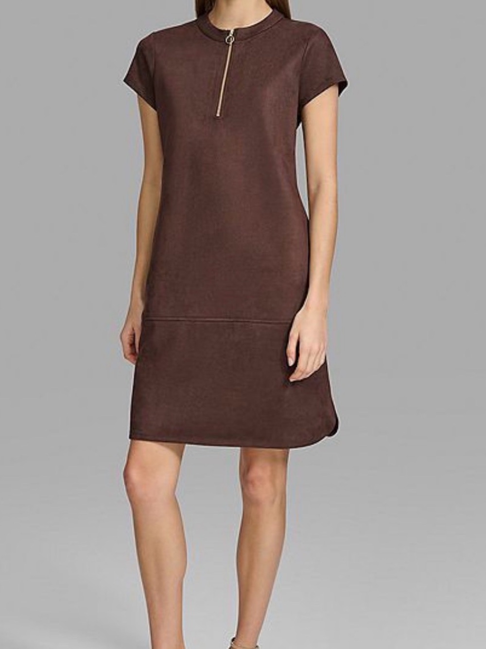 Andrew Marc Chocolate Brown Short-Sleeve Zip Shift Dress